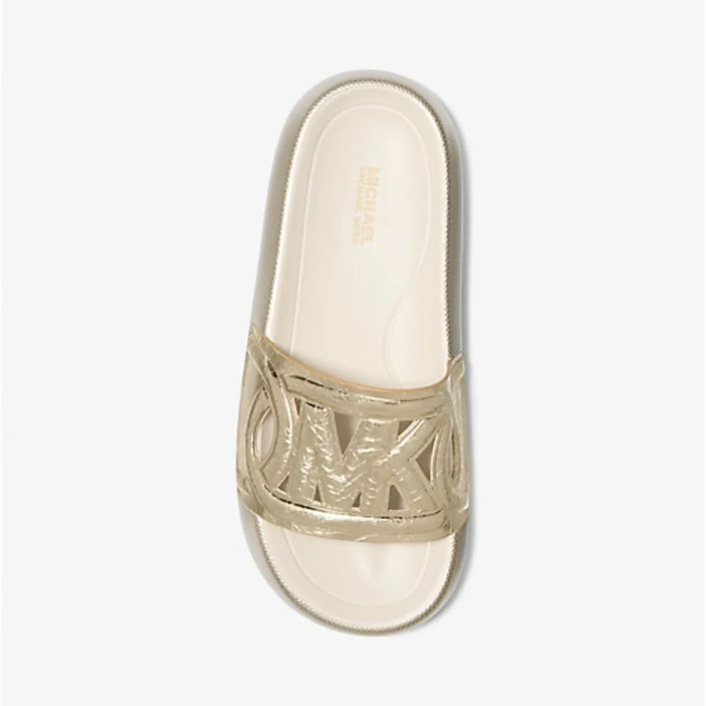 MICHAEL Michael Kors Splash Metallic Pale Gold Leather Slide Sandal Size 9 - Picture 3 of 11